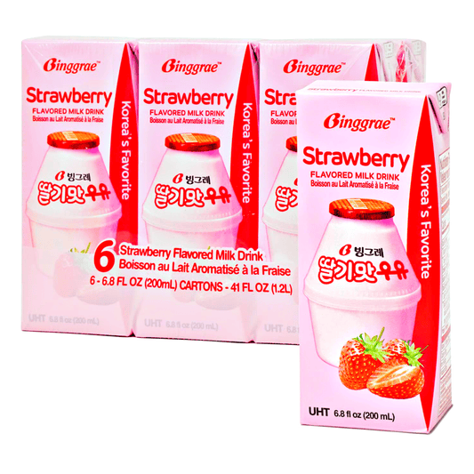 Binggrae Strawberry Milk Drink 6x200ml - The Snacks Box - Asian Snacks Store - The Snacks Box - Korean Snack - Japanese Snack