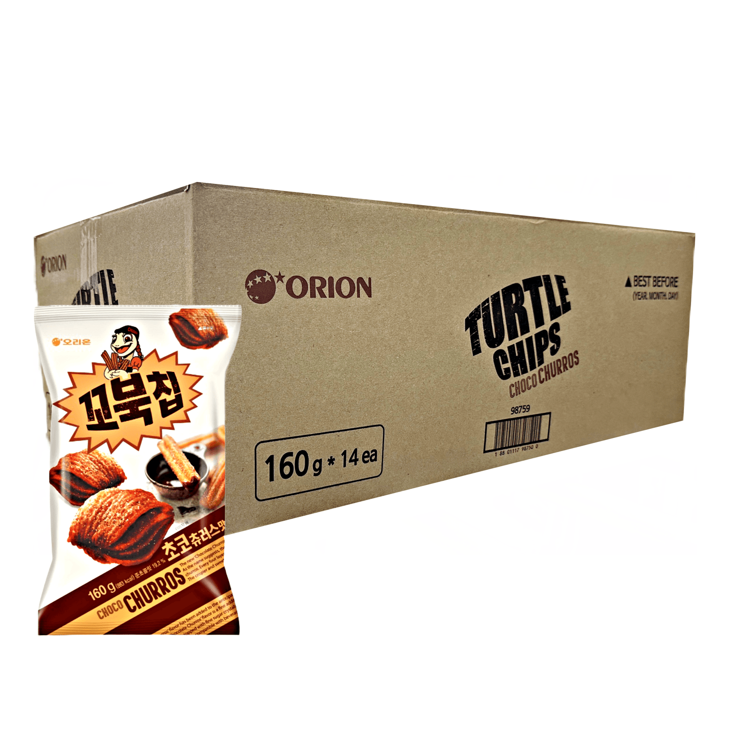 Orion Turtle Chips Choco Churros 14x160g - The Snacks Box - Asian Snacks Store - The Snacks Box - Korean Snack - Japanese Snack
