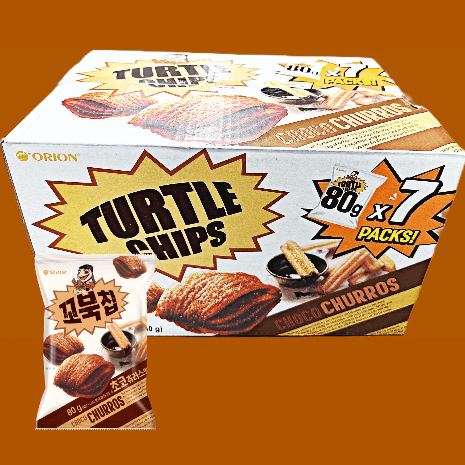 Orion Turtle Chips Churros 7x80g - The Snacks Box - Asian Snacks Store - The Snacks Box - Korean Snack - Japanese Snack